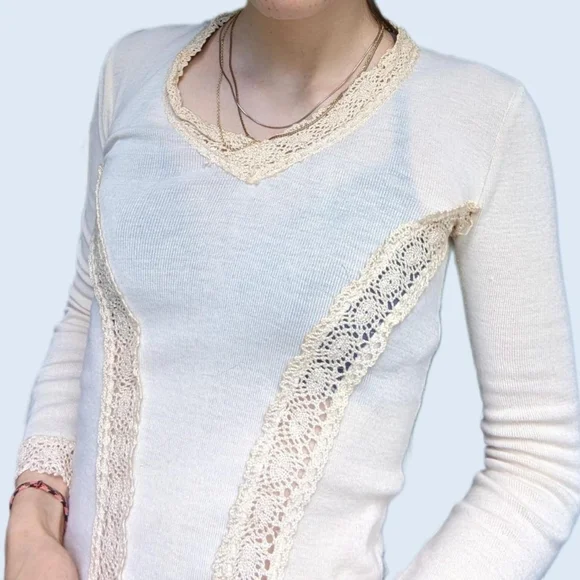 Vintage 70's Crotchet Trim Long Sleeve Blouse - Picture 3 of 5